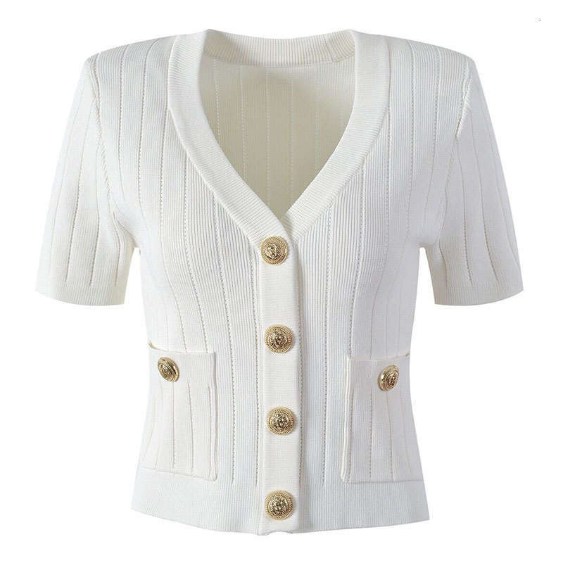 a3 2026 Summer New Women's V-neck Knitted Short sleeved Top with Lion Head Button and Slimming Hollow Open Skirt