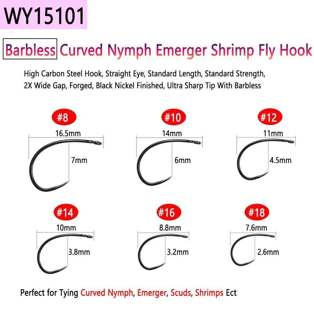 Bimoo 50pcs High Carbon Steel Barb Barbless Tying Hook For Dry Wet Jig Nymph Streamer Caddis Fly Trout Z260228
