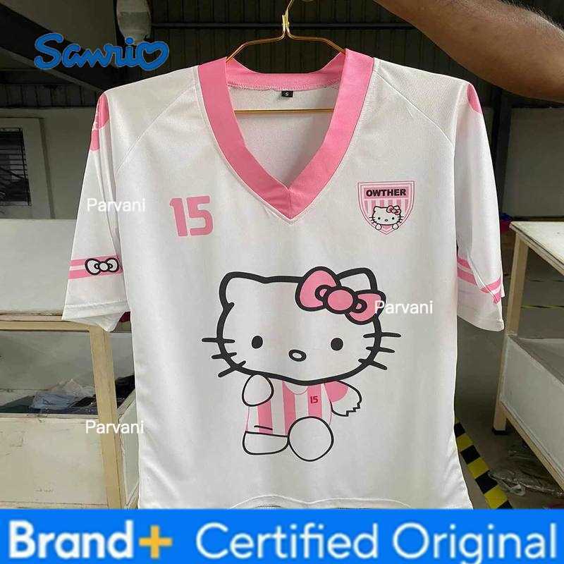 Sanrio New MINISO Hello Kitty Tshirt Cartoon Sportswear Kid Men V-neck Loose Casual Lightweight Breathable Women Streetwear Top H260228