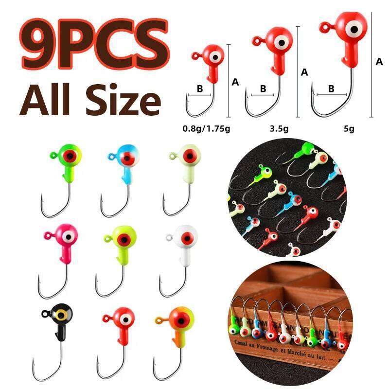 9PCS Head 0.8g/1.75g/3.5g/5g Crank Mix Colors Hook head Lure Hard Bait Soft Worm Jig Hookfor Fishing Tackle Z260228