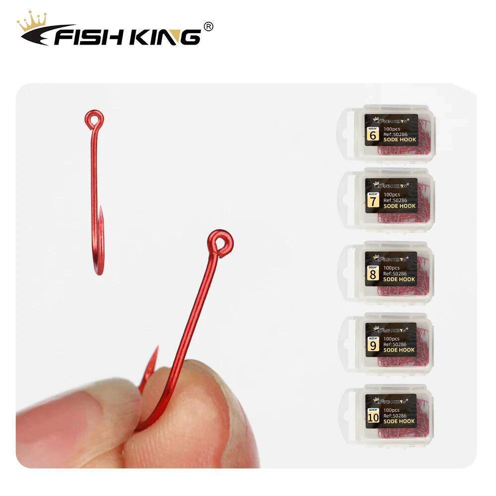 FISH KING Fishing 50pcs/100pcs 6#-10# Barbed High Carbon Steel Red With eyes Bent Baitholder Ringed Carp Hook Tackle Z260228
