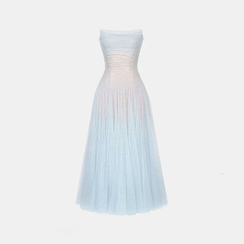 2026 summer new niche design social princess A1 sexy strapless solid color mesh long skirt for women