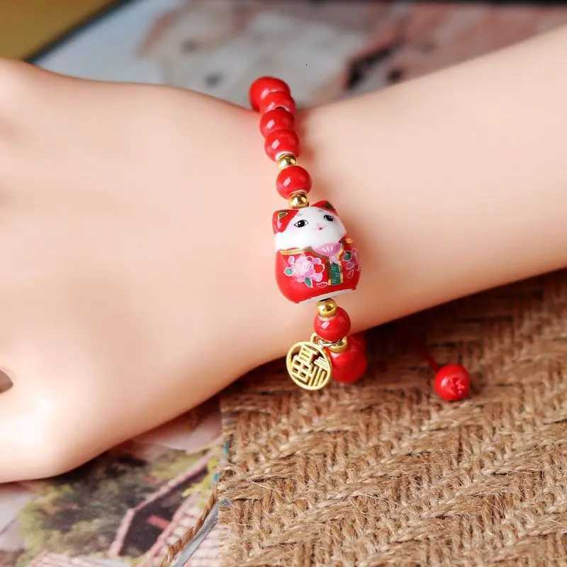 b03 Chinese Style Cute Ceramic Fortune Cat Fu Bracelet Originality Fortune Men Women Red String Bracelet Fashion Jewelry H260228
