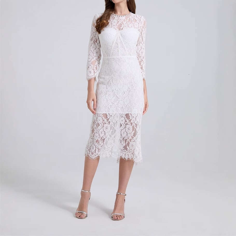 2026 Autumn a2 Designer Lightweight Luxury Elegant Social Style Beaded Collar Lace Slimming Dress