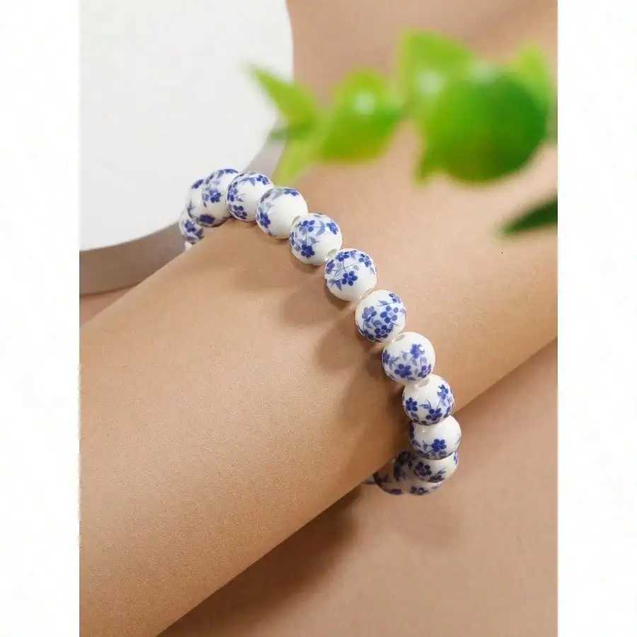 1pc Chinese Blue Floral Ceramic Bead Bracelet For Women - Round Simple Design Fashion Jewelry Perfect For H260228