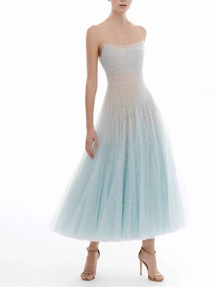 2026 summer new niche design social princess A1 sexy strapless solid color mesh long skirt for women
