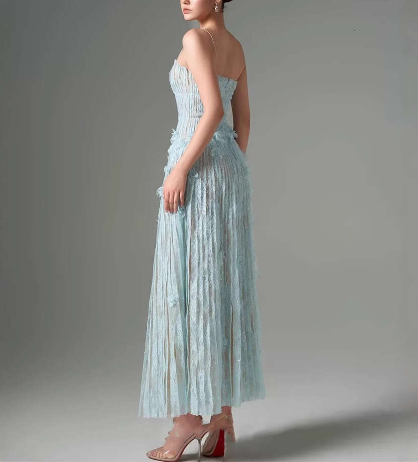 2026 niche socialite elegant and sexy strapless pleated lace 3D flower fairy like a3 summer long dress