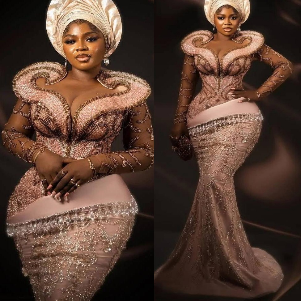 Aso Ebi Champagne Prom Dress 2026 Mermaid Sheer Neck Crystals Sequined Stylish Evening Dresses For Black Women Birthday Party Formal Receiption Gowns 