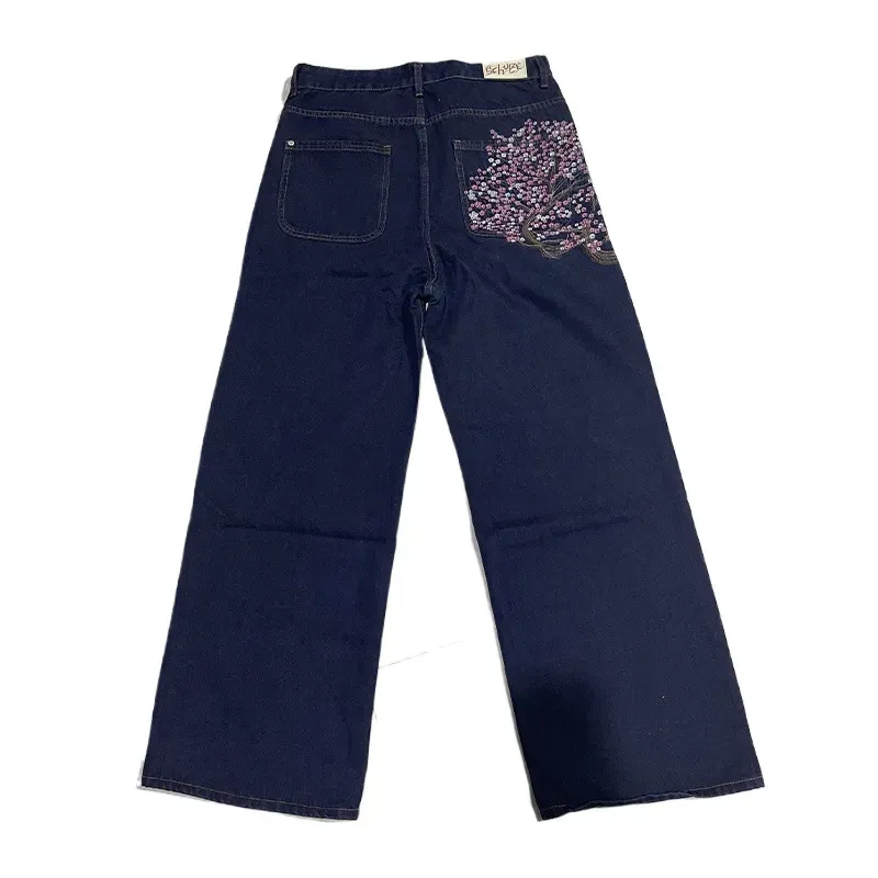 Derschutze Patchwork Cherry Blossom Embroidery Pants Y2k Vintage Baggy Straight Wide Leg Jeans Street Men Clothes