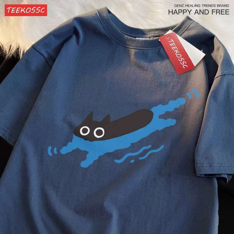Couple Tees Swimming Black Cat Diving Shoulder Short Sleeved T-shirt For Men Women Breathable Casual Pure Cotton Loose Tops C260228 - view 3