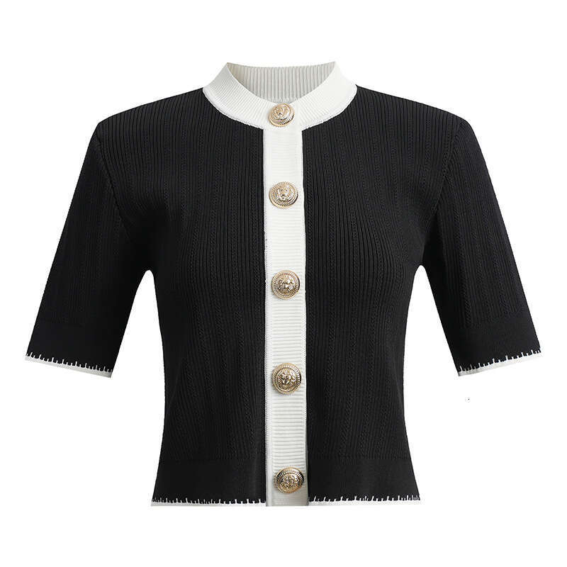 Designer's high-end lace small fragrance color a1 block single breasted short sleeved knitted thin cardigan slim fit top