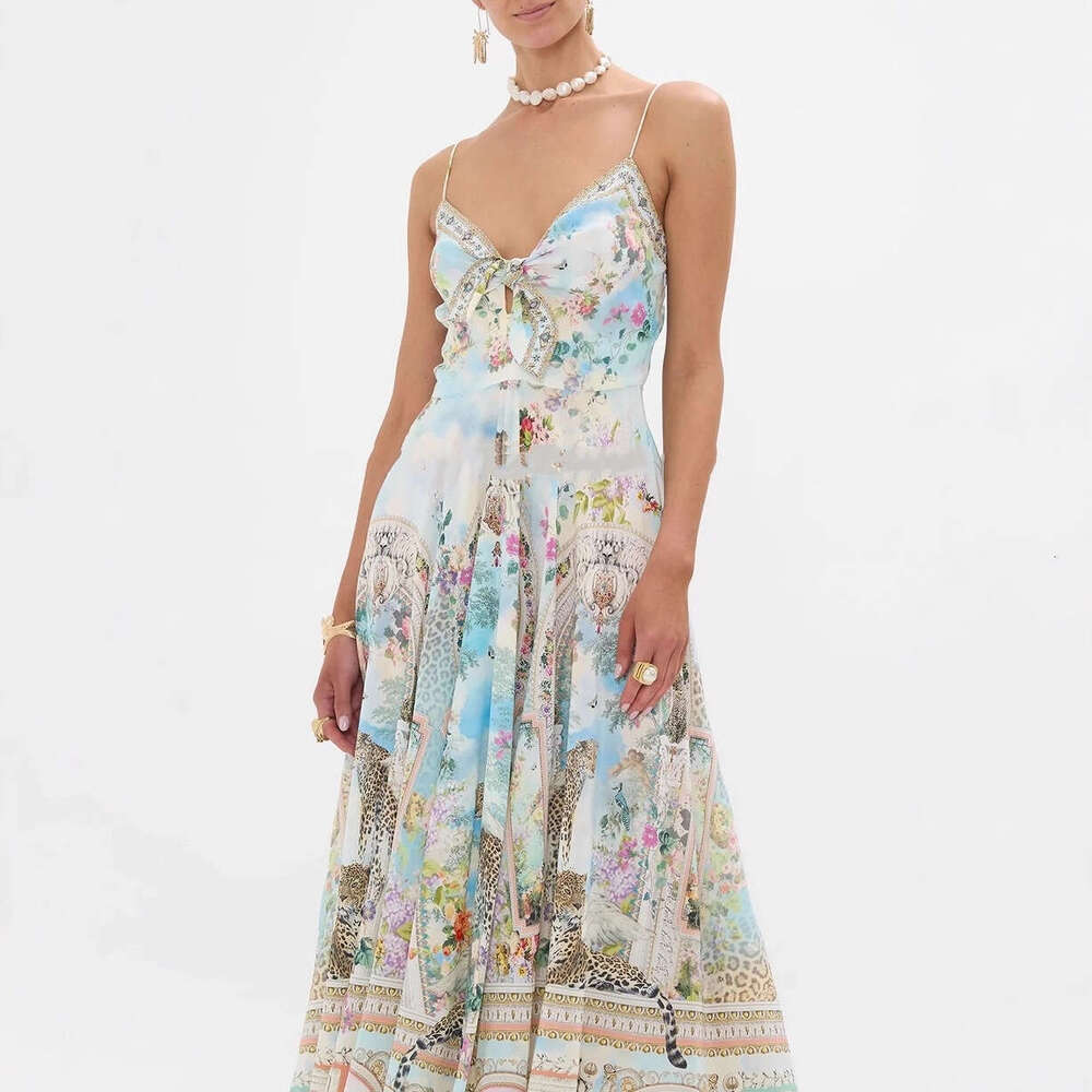 2026 summer fashion brand retro oil painting print sexy suspender fairy like elegant vacation long skirt for women