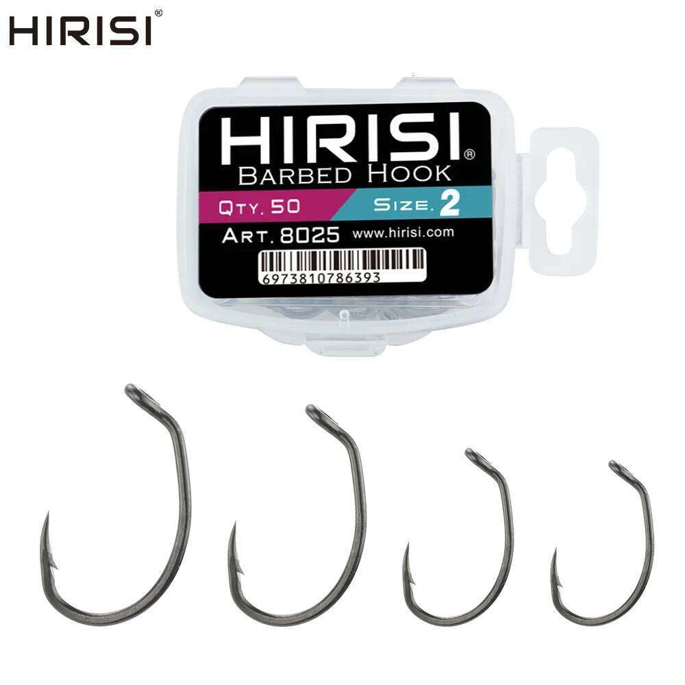 Hirisi 50pcs PTFE Coated High Carbon Stainless Steel Barbed Fish Hook With Eye Fishing Accessories 8025 Z260228