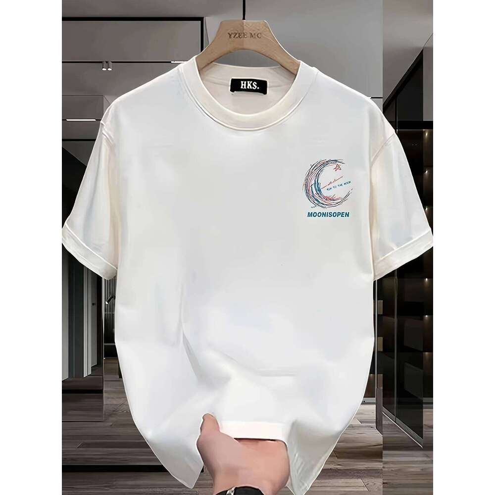 Men's 100% Cotton Graphic T-Shirt - Relaxed summer top with crescent star pattern, breathable crew neck, and relaxed fit C260228 - view 4