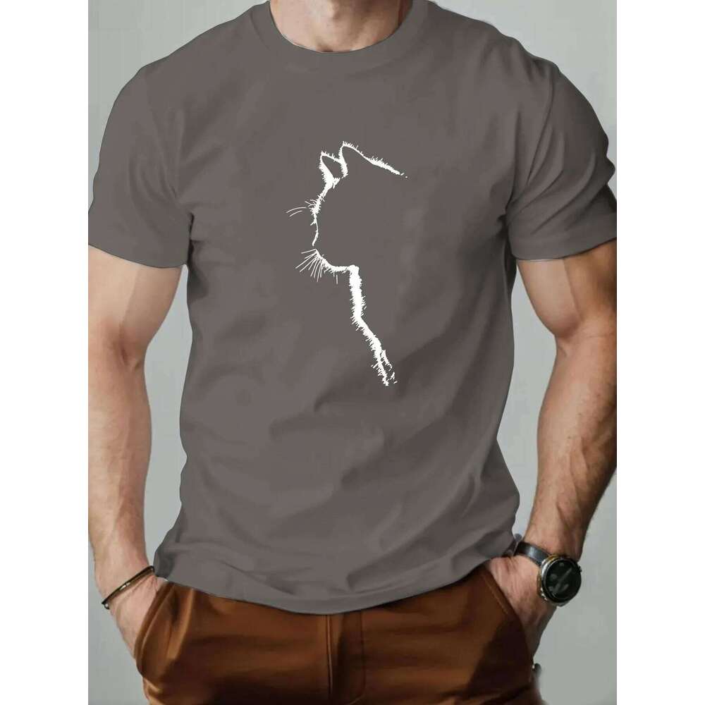 Men's 100% pure cotton fashionable casual loose sports cat side face pattern printed round neck short sleeved T-shirt top C260228 - view 7