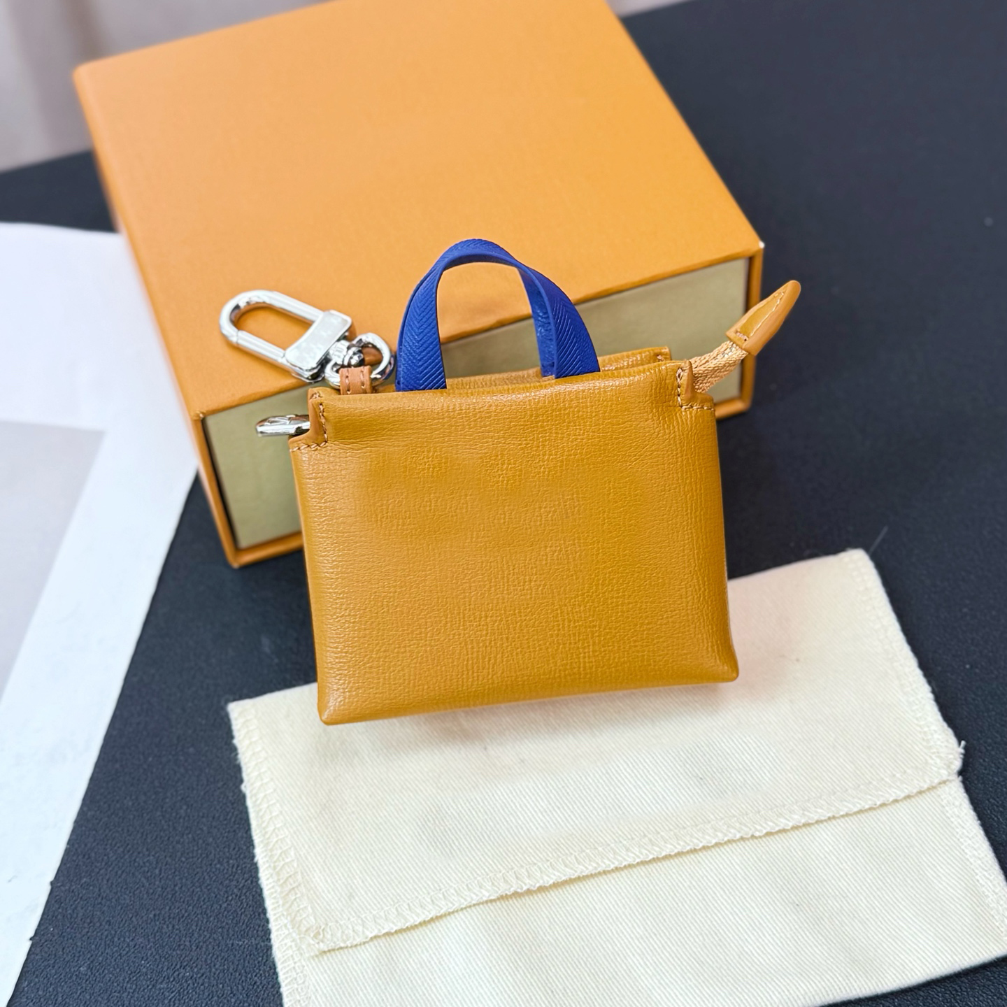 Mustard Yellow Leather Mini Tote Bag Charm with Blue Handle & Silver Hardware Stylish Daily Accessory Gift for Her