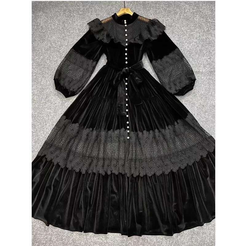 2026 Autumn/Winter European Women's Collection Exquisite Design Exquisite Lace Velvet Splicing Luxurious a3 Elegant Long Skirt