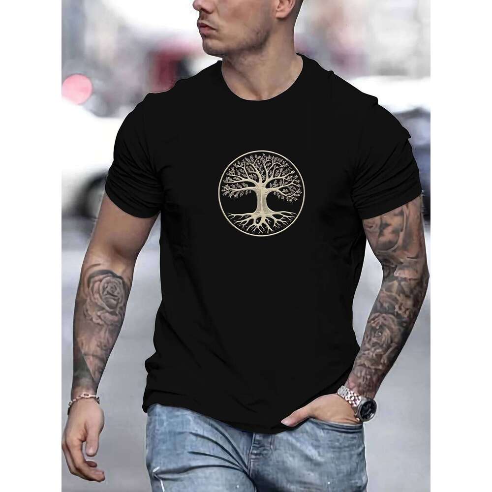 Men's summer 100% pure cotton fashionable casual wide pine pattern printed sports round neck short sleeved T-shirt top C260228 - view 4