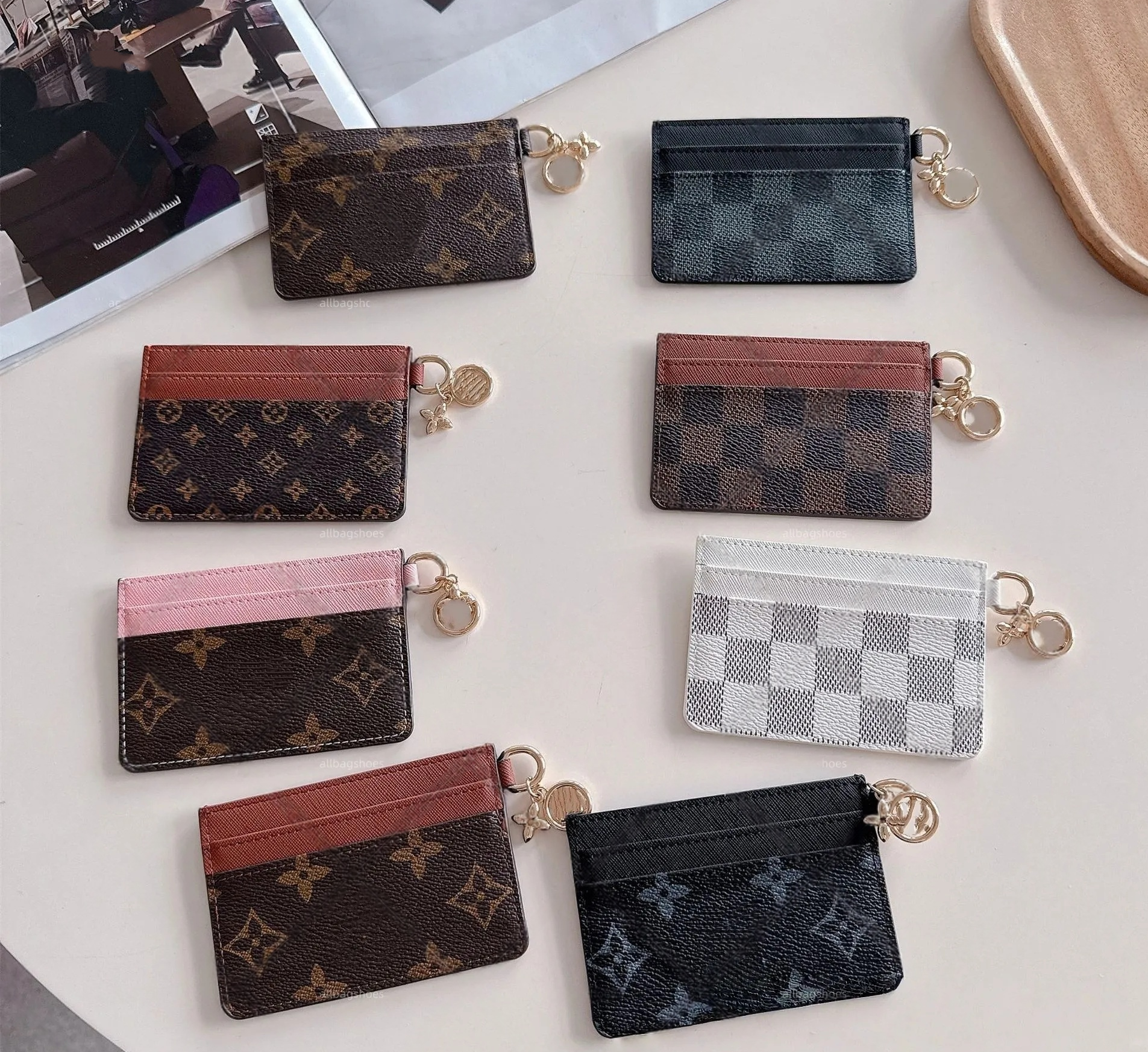 10A men Wallet Top Designer Leather credit Card Holder cardholder Metal flower decoration Wallet Short Case business card Purse Brown Women Men Key Coin with box