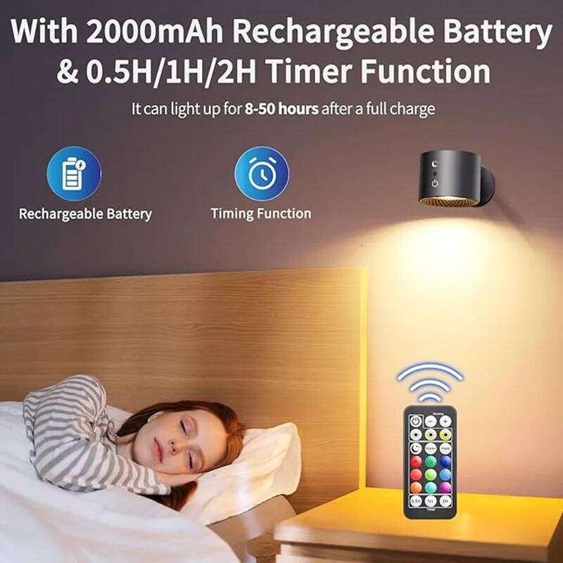 9 Colors 360 Rotation Wall Mounted Night Lights RGB LED Up Down Remote Rechargeable Wireless Reading Bedroom Lamp Z260227