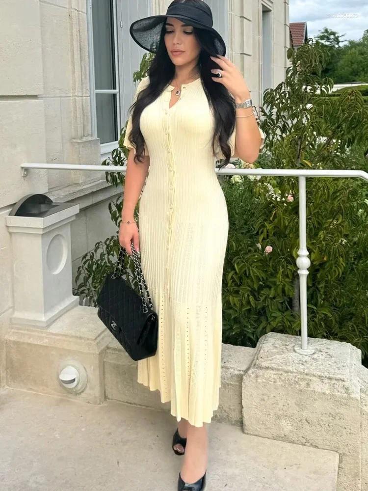 Casual Dresses Women Elegant Knitted Long Dress O Neck Solid Short Sleeved Button High Waist Split Female Fashion Gown