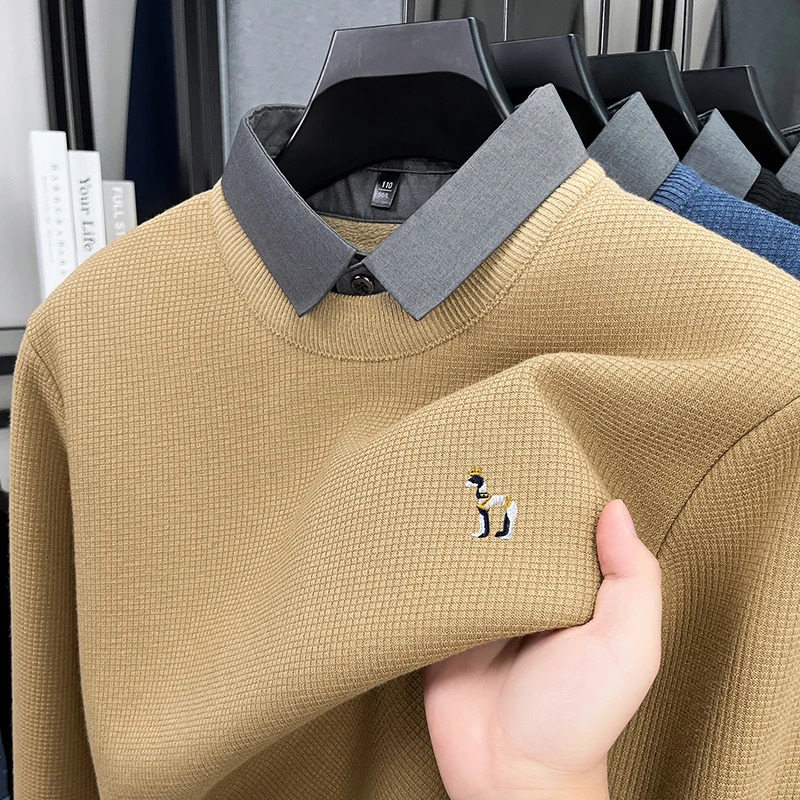 Original Mens Faux Two-Piece Knit Sweater Shirt Collar Long Sleeve Warm Anti Pilling Casual Business Autumn Winter 260227 - view 7