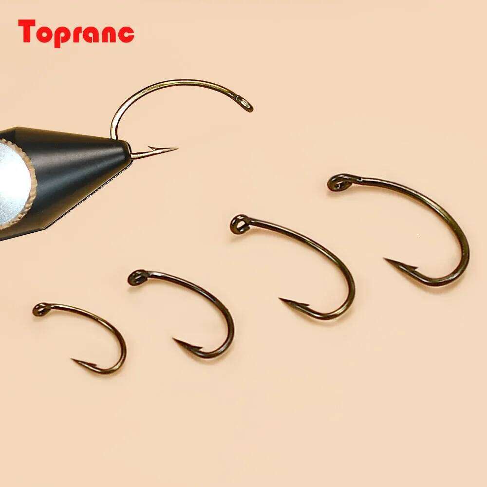 Topranc 100PCS Bronzed Color Barbed Curved Shank Scud Nymph Fly Tying High Carbon Fish Hook Size #8 #10 #12 #14 Z260228