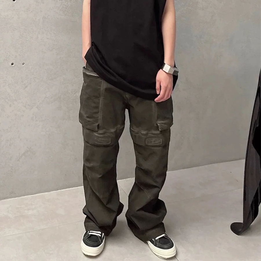 High Street Washed Pockets Jeans Men Women Straight Pants Oversized Denim Trousers