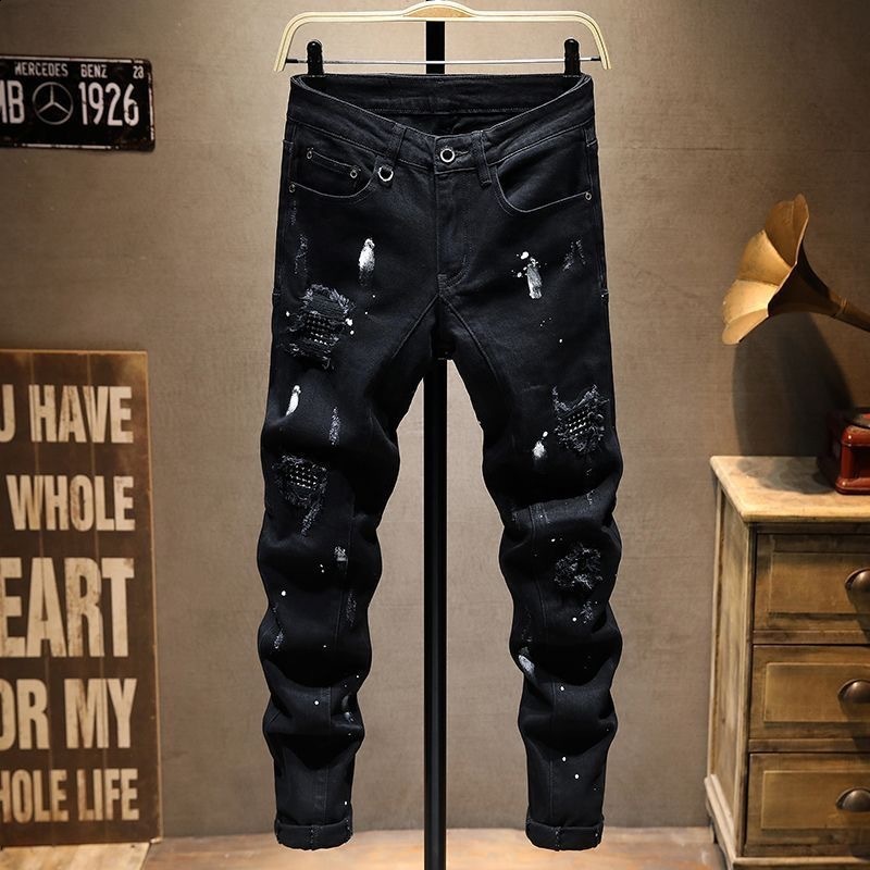 Men Motorcycle Biker Jeans Stylish Ripped Distressed Skinny Pencil Jeans Pants Holes Patch Slim Long Jeans Male Denim Trousers 240819