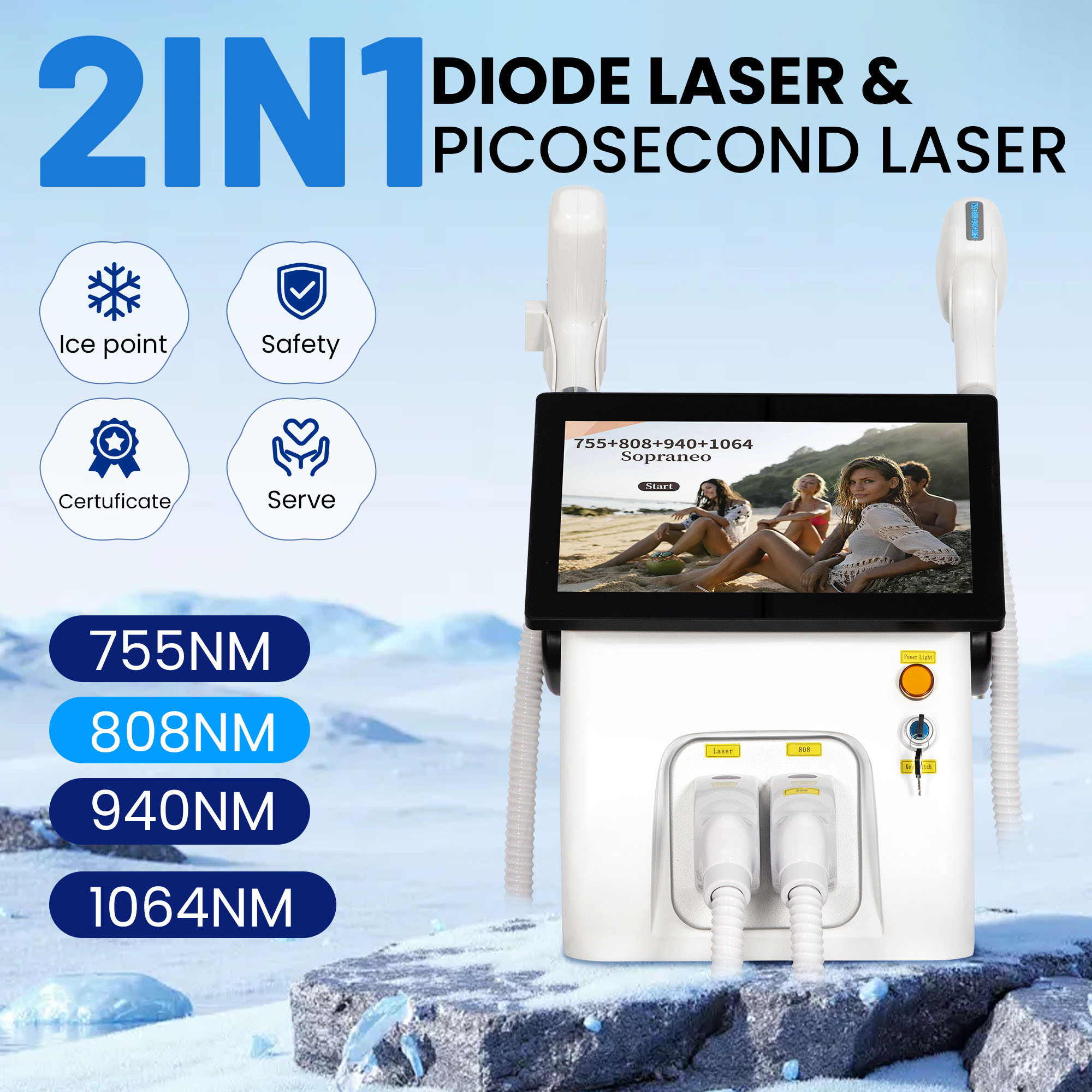 2 in 1 Diode Laser Hair Removal Picosecond Laser Tattoo Removal 755 808 940 1064nm 10 Bars 60 Million Shots Ice Cooling