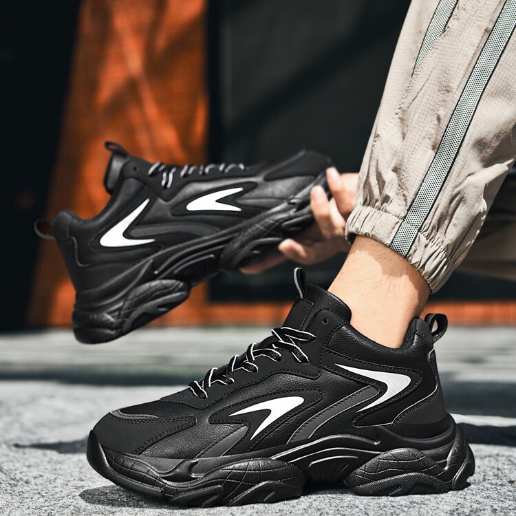 Mens Black Non Slip Grey Chunky Platform Dad Sneakers Lace Up Casual Daily Footwear Street Shoes - view 4