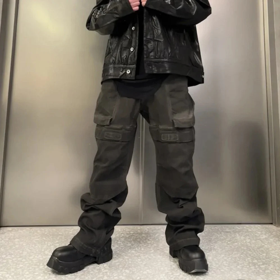 High Street Washed Pockets Jeans Men Women Straight Pants Oversized Denim Trousers