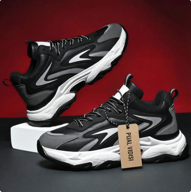 Mens Black Non Slip Grey Chunky Platform Dad Sneakers Lace Up Casual Daily Footwear Street Shoes - view 3