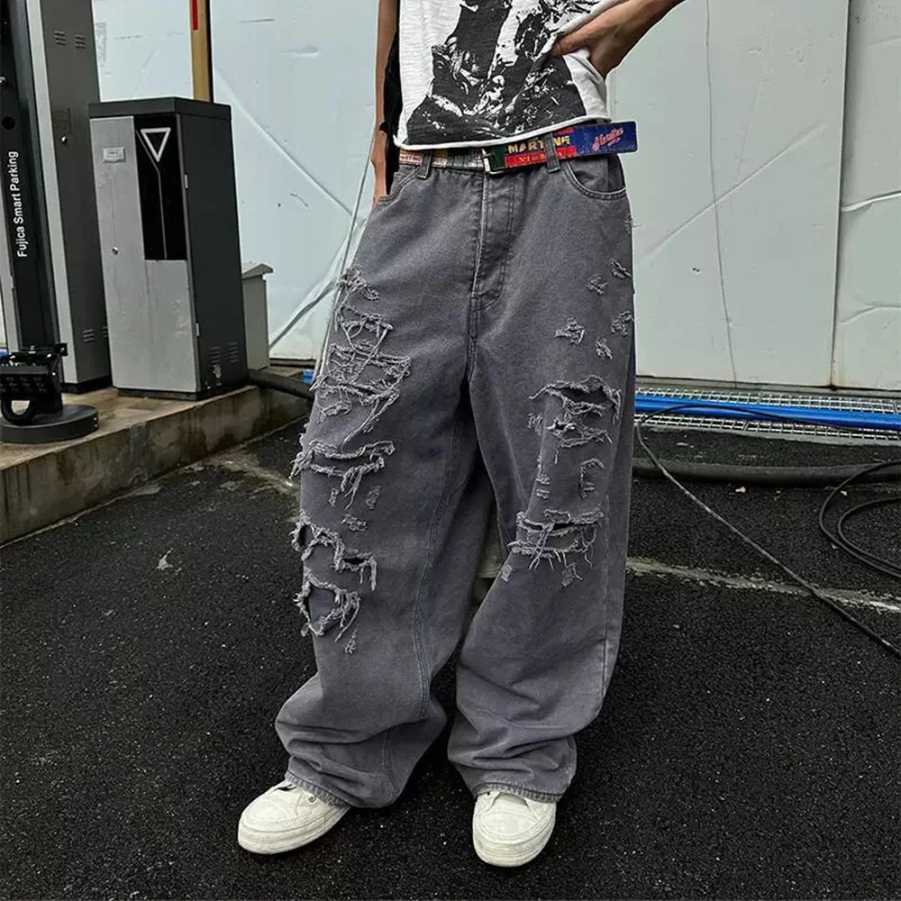 Jeans Men Wide Streetwear Hole Loose Denim Trousers Oversized