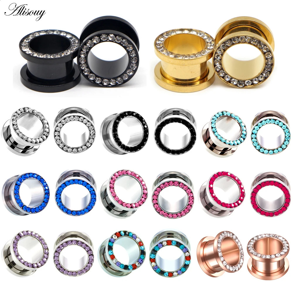Alisouy 2pcs Stainless Steel Crystal Zircon Ear Tunnels Plug Screw Fit Colorful Ear Flesh Gauge Ear Expanders Piercing Jewelry260528BJ
