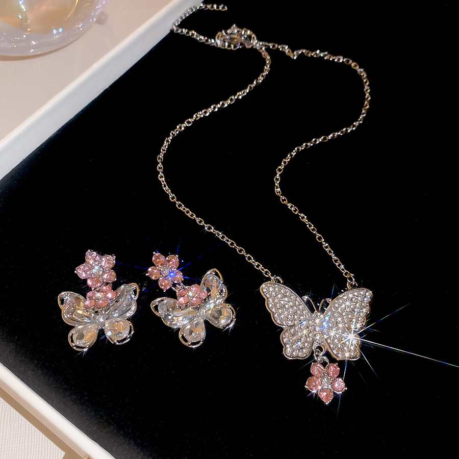 Silver Needle Diamond Inlaid Butterfly Flower Earrings and Necklace Set Exquisite Princess Style Luxurious Jewelry - view 8