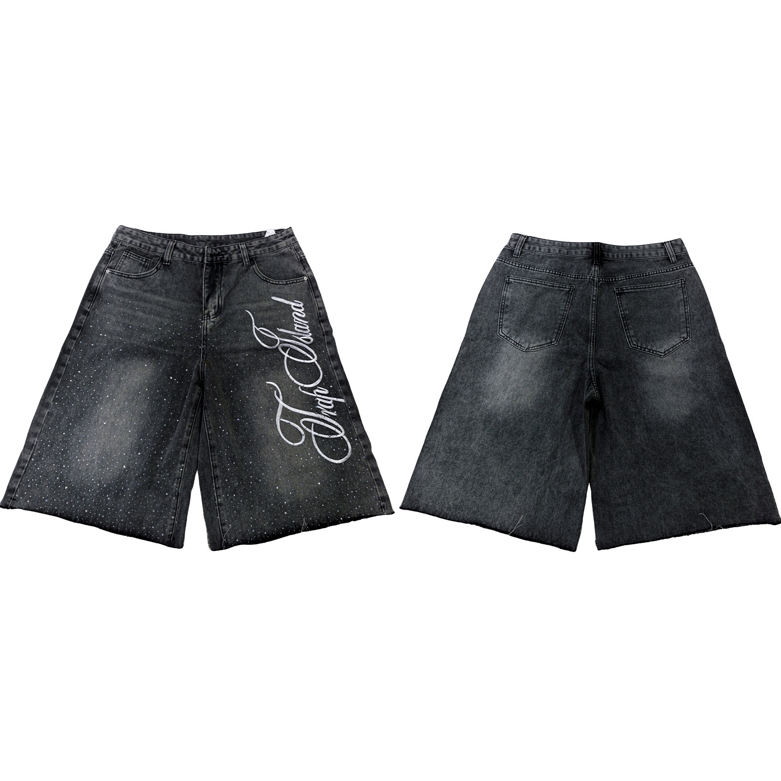 Men's Summer Rhinestone Denim Shorts Y2K Jeans Casual Knee Length Trendy Letter Rhinestone Embroidered Shiny Baggy Jeans Shorts Fashion Streetwea