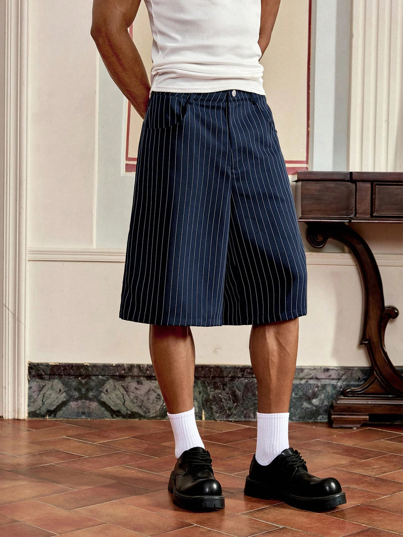 Springsummer striped woven elegant casual streetwear midrise loosefit straight sixinch mens pants y260618 - view 5