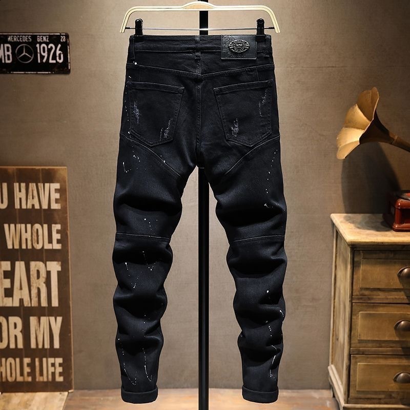 Men Motorcycle Biker Jeans Stylish Ripped Distressed Skinny Pencil Jeans Pants Holes Patch Slim Long Jeans Male Denim Trousers 240819
