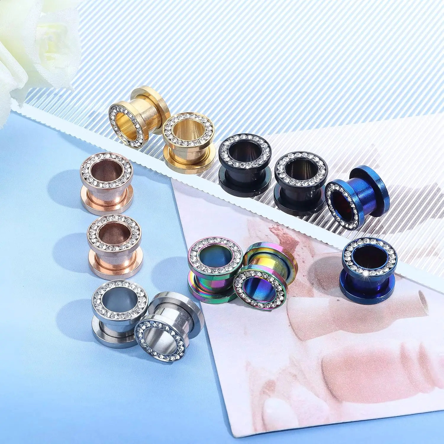 1Pair CZ White Zircon Ear Tunnel Expander Stainless Steel Earrings Ear Stretcher Piercings Jewelry Double Flared Screw Fit Ear260528BJ - view 4