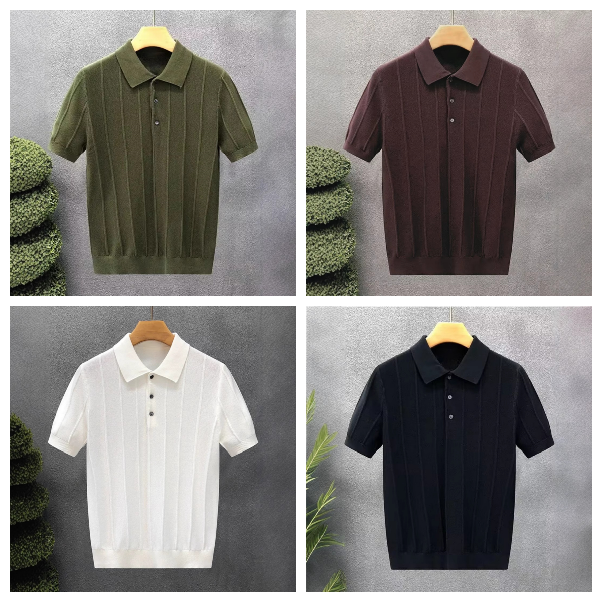 Men's Polos Ribbed Polo Neck Knit Sweater - Spring Loose Casual Button-down Shirt Single-color Simple Pullover Fashionable Homey L