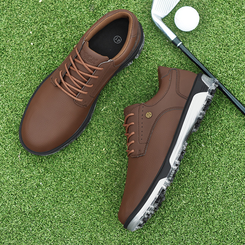 Mens Brown Waterproof Golf Shoes With Removable Spikes Non Slip Leather Golf Sneakers For Outdoor Training And Course Play