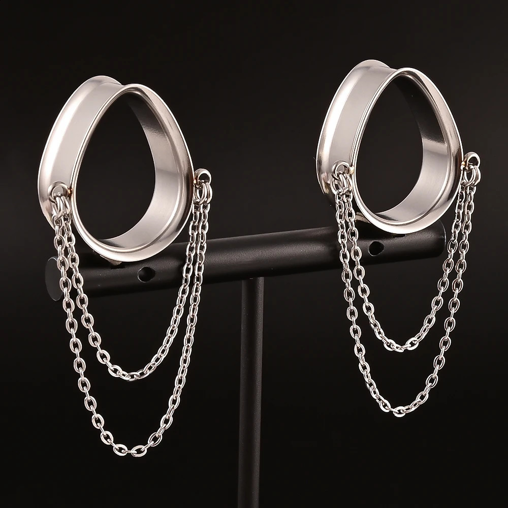 Doearko 2PCS Stainless Steel Ear Gauges Tunnels Teardrop Chain Plugs Stretchers Plugs Gauges Piercing Body Jewelry260528BJ - view 4
