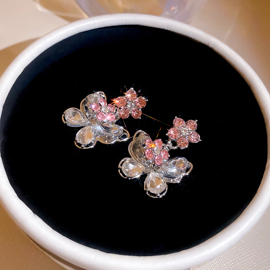 Silver Needle Diamond Inlaid Butterfly Flower Earrings and Necklace Set Exquisite Princess Style Luxurious Jewelry - view 7