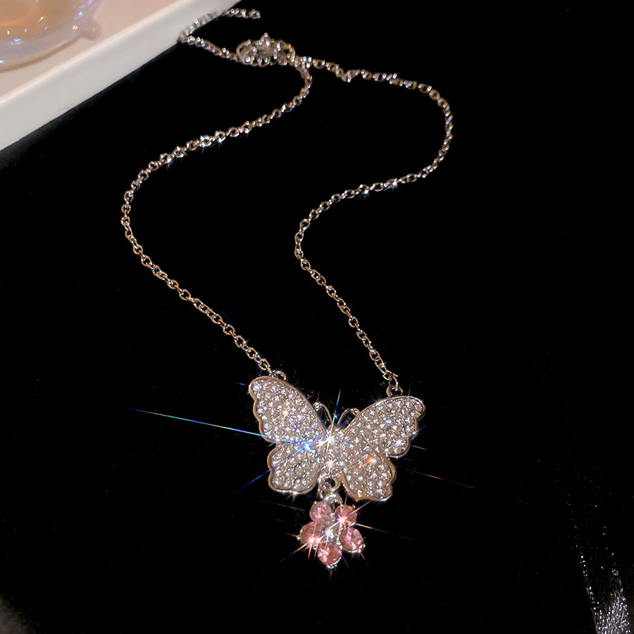 Silver Needle Diamond Inlaid Butterfly Flower Earrings and Necklace Set Exquisite Princess Style Luxurious Jewelry - view 6