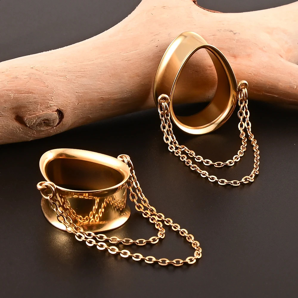 Doearko 2PCS Stainless Steel Ear Gauges Tunnels Teardrop Chain Plugs Stretchers Plugs Gauges Piercing Body Jewelry260528BJ - view 6