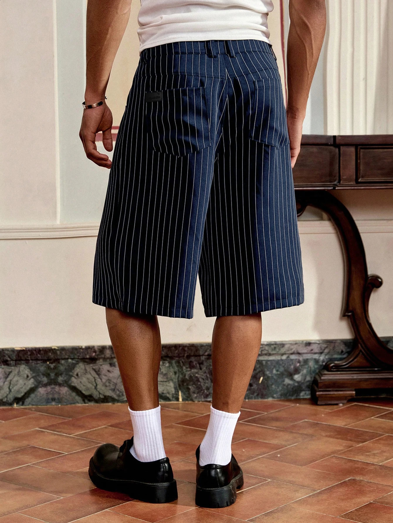 Springsummer striped woven elegant casual streetwear midrise loosefit straight sixinch mens pants y260618 - view 3