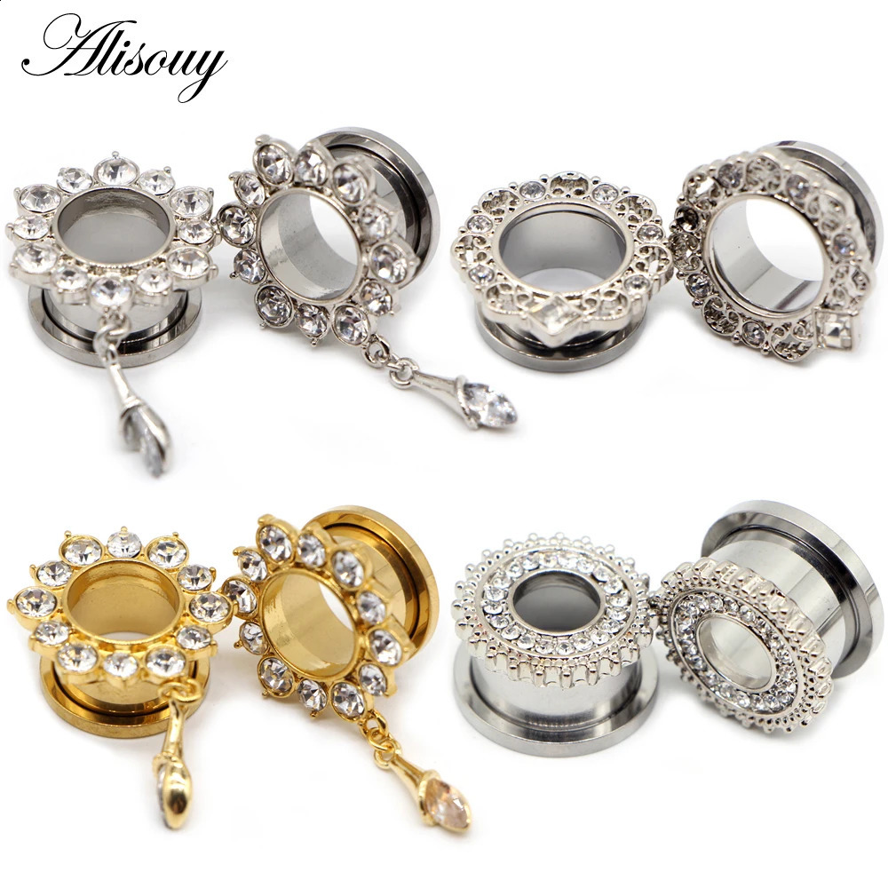 Alisouy 2pcs Water Drop Crystal Dangle Stainless Steel Ear Gauges Plugs Tunnel Expander Earring Stretcher Piercing Body Jewelry260528BJ