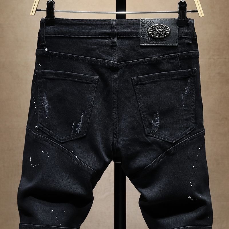 Men Motorcycle Biker Jeans Stylish Ripped Distressed Skinny Pencil Jeans Pants Holes Patch Slim Long Jeans Male Denim Trousers 240819