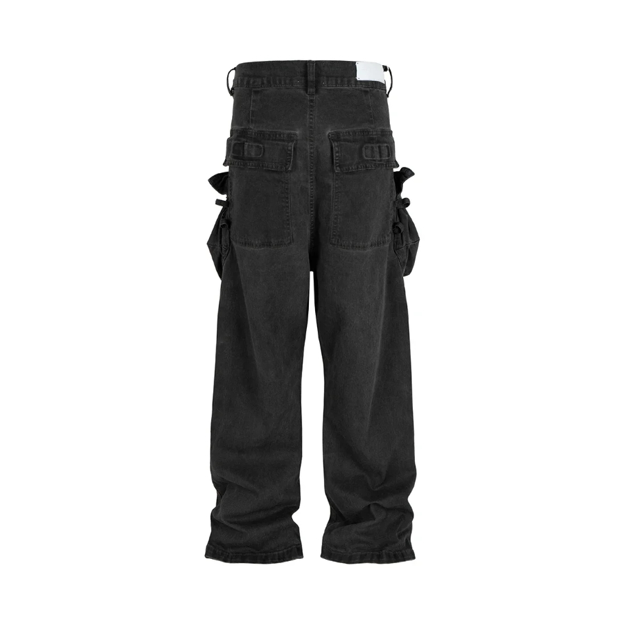 High Street Washed Pockets Jeans Men Women Straight Pants Oversized Denim Trousers